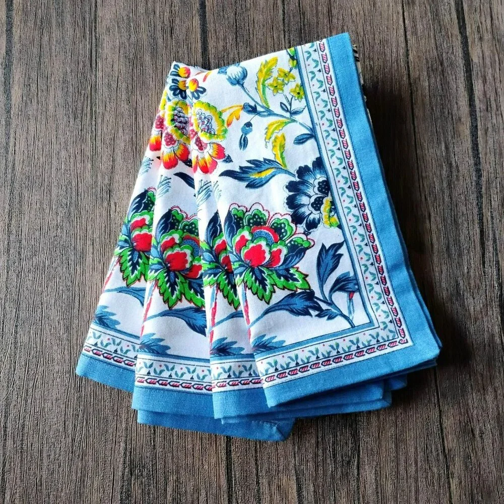 Linen Blend Floral Napkins, Set Of 4, Blue Border, Cotton Colorful Flowers 20x20